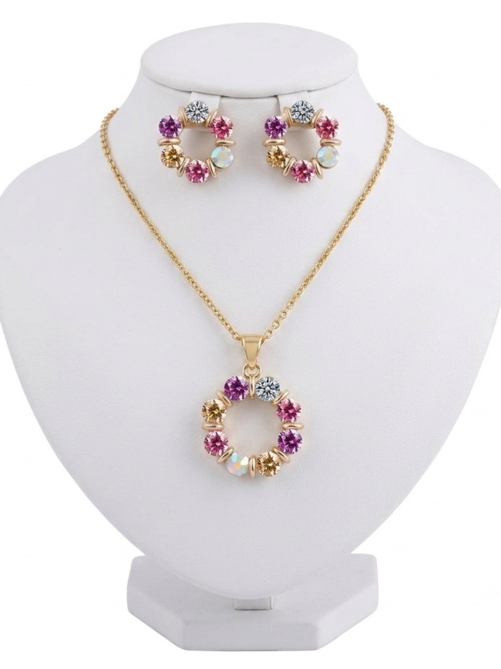 New 9k Gold Circle Of Jewels Rainbow Handmade Bohemian Necklace Earrings Set